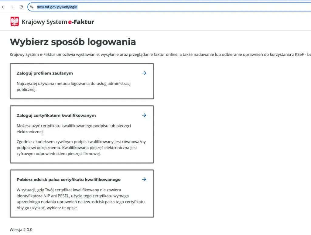 Сторінка входу до KSeF з кнопкою Довіреного профілю