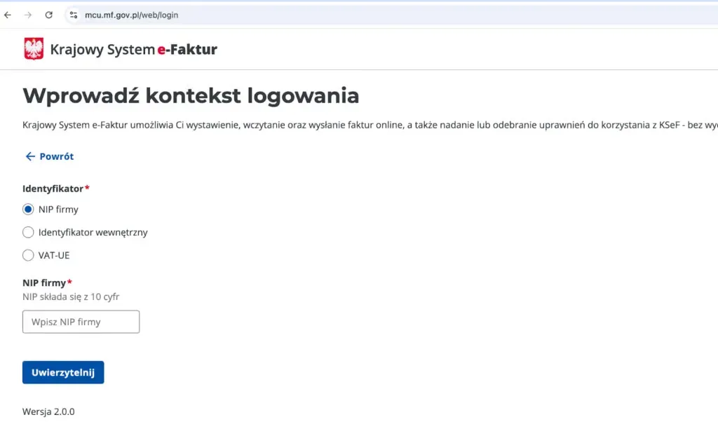 Місце для введення NIP компанії