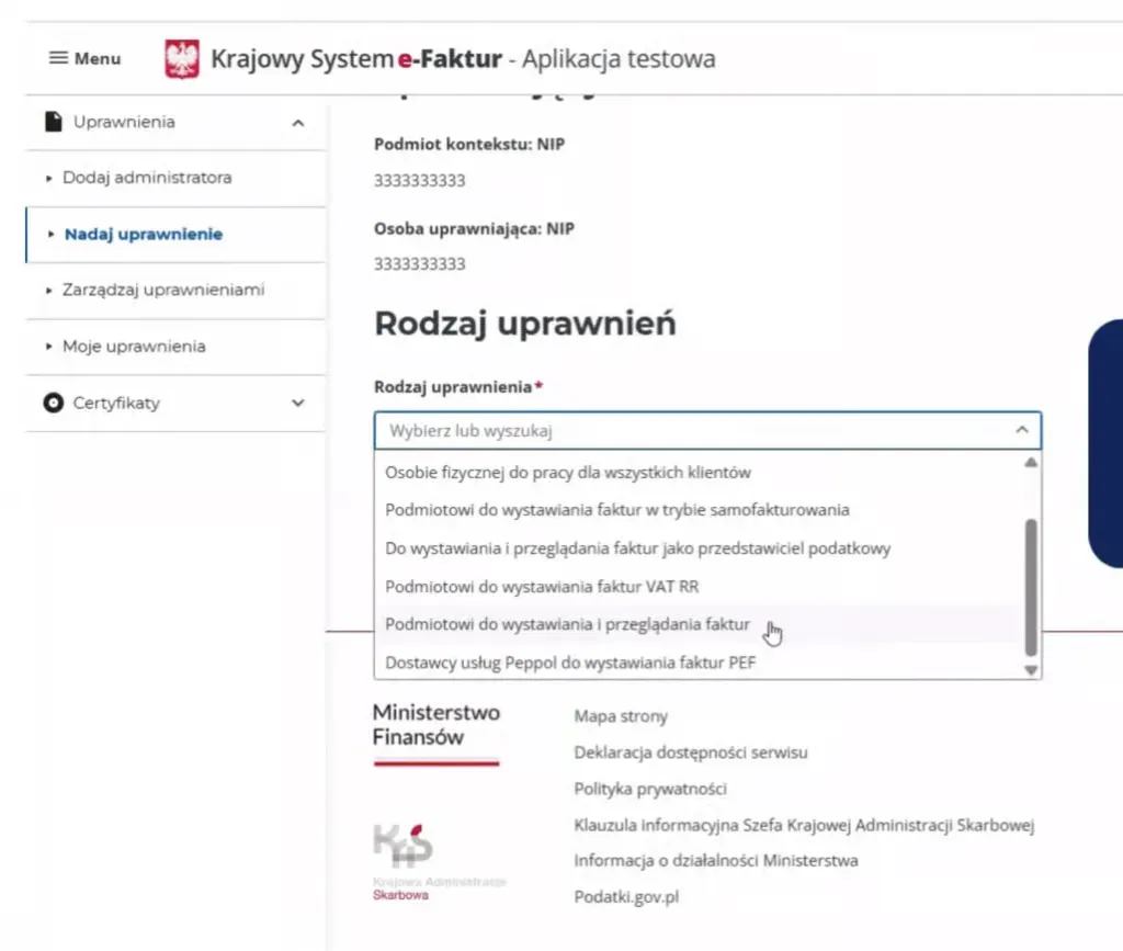 Список типів повноважень з опцією виставлення і перегляду рахунків
